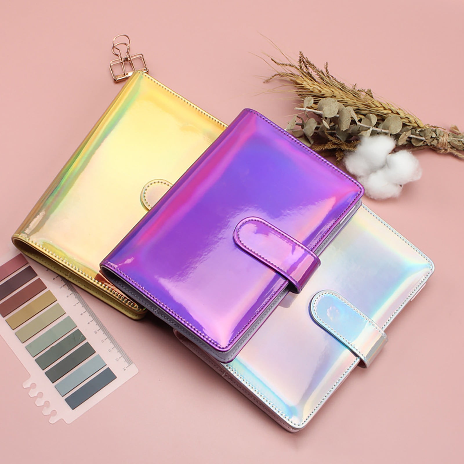 Meiiso A6 Planner Budget Notebook, Holographic Marble Cover, Hot Pink, Refillable Loose Leaf With Buckle Closure