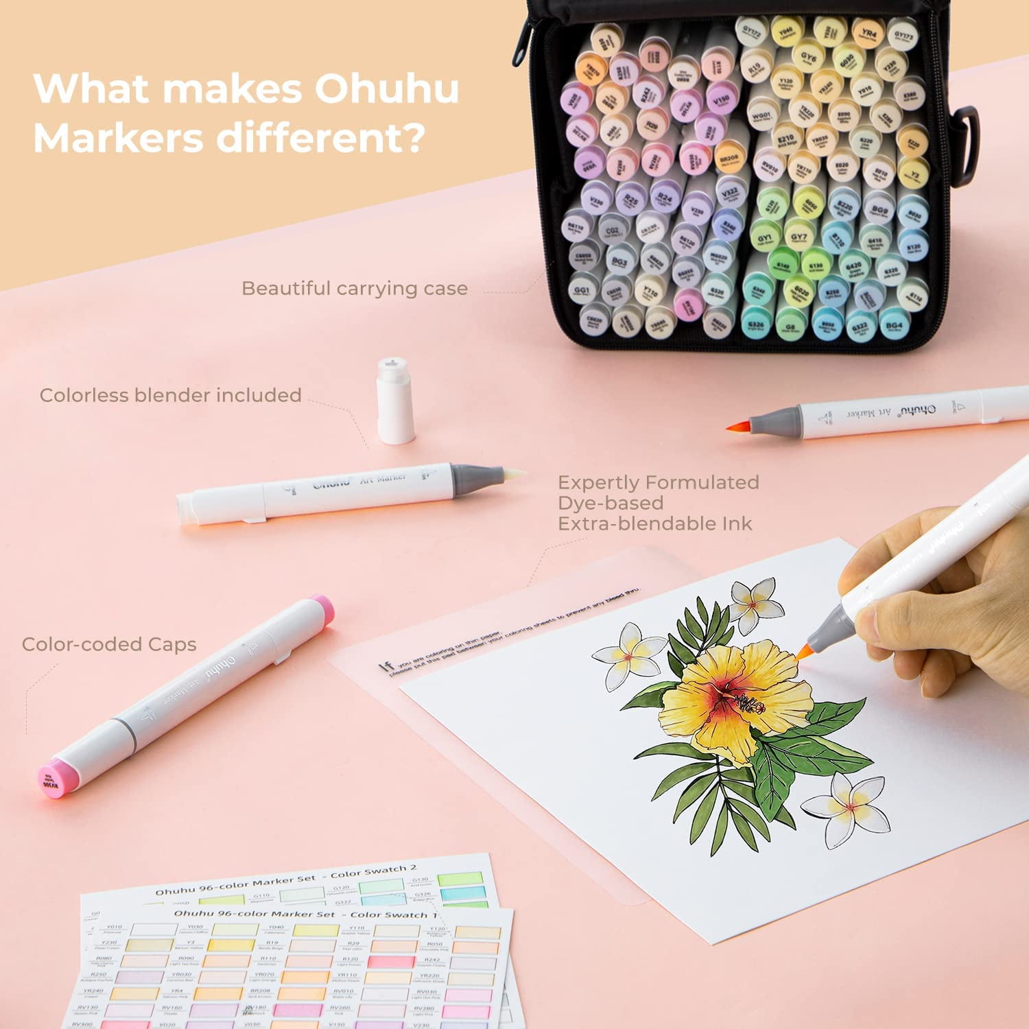 Ohuhu Pastel Markers Alcohol Based -96 Pastel Colors Double Tipped Alcohol Markers for Artist Adult Coloring Illustration w/ 1 Colorless Blender- Brush & Chisel-Gift