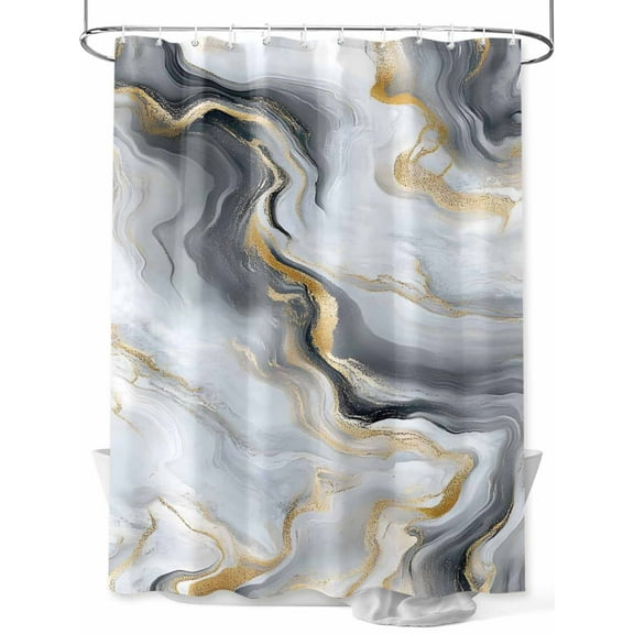 Abstract Marble Shower Curtain, Gradient Black White Gold Texture Waterproof Shower Curtain Set with 12 Hooks Lightweight Washable Fabric Shower Curtains for Bathroom 60x72 Inches