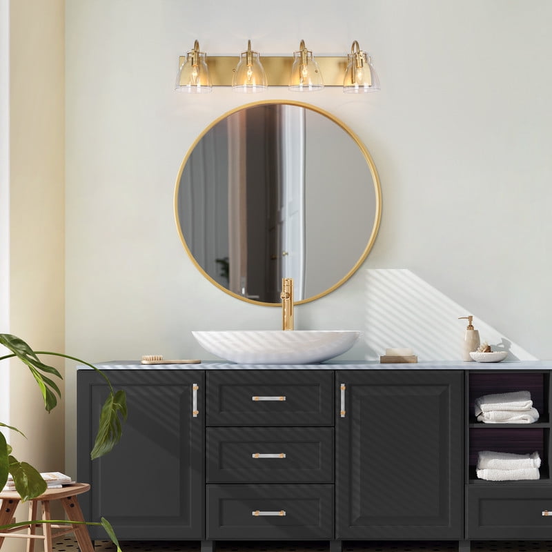 LNC 4-Light Gold Cylinder Clear Glass Shade Modern Bathroom Vanity Lighting Fixutre