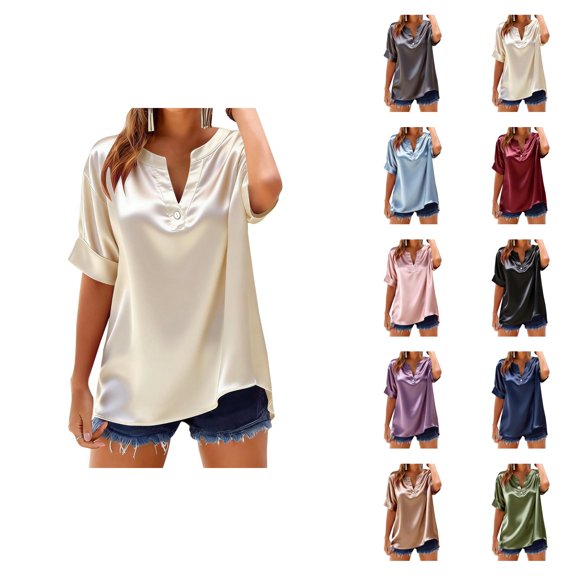 T Shirts for Women 2026 Summer Short Sleeve V Neck Satin Loose Dressy Casual Office Work Tshirt Blouse