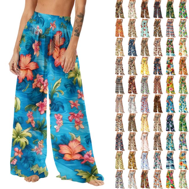 Pincandy Women Mesh Boho Beach Pants See Through Sheer Swimsuit Bikini Bottom Cover up Party Elastic High Waist Wide Leg Pants