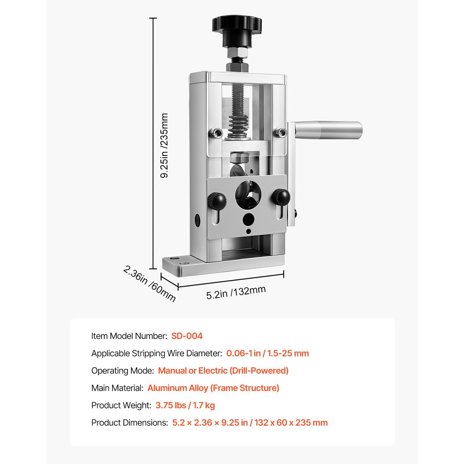 Manual Wire Stripping Machine 0.06-1 Inch 64Mn Blades 45# Steel Rollers Drill Powered for Scrap Copper Recycling