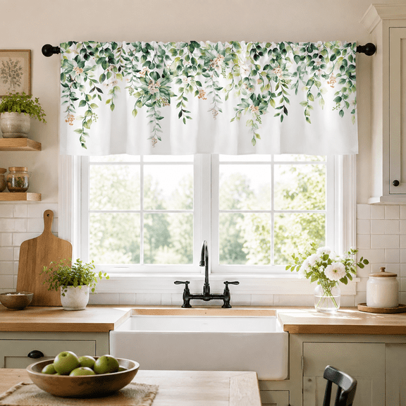 Kitchen Valances, Valances for Living Room, Valence Curtains for Windows, Block Print Curtains, Green Kitchen Decor, Watercolor Eucalyptus Floral Rod Pocket Window Valance