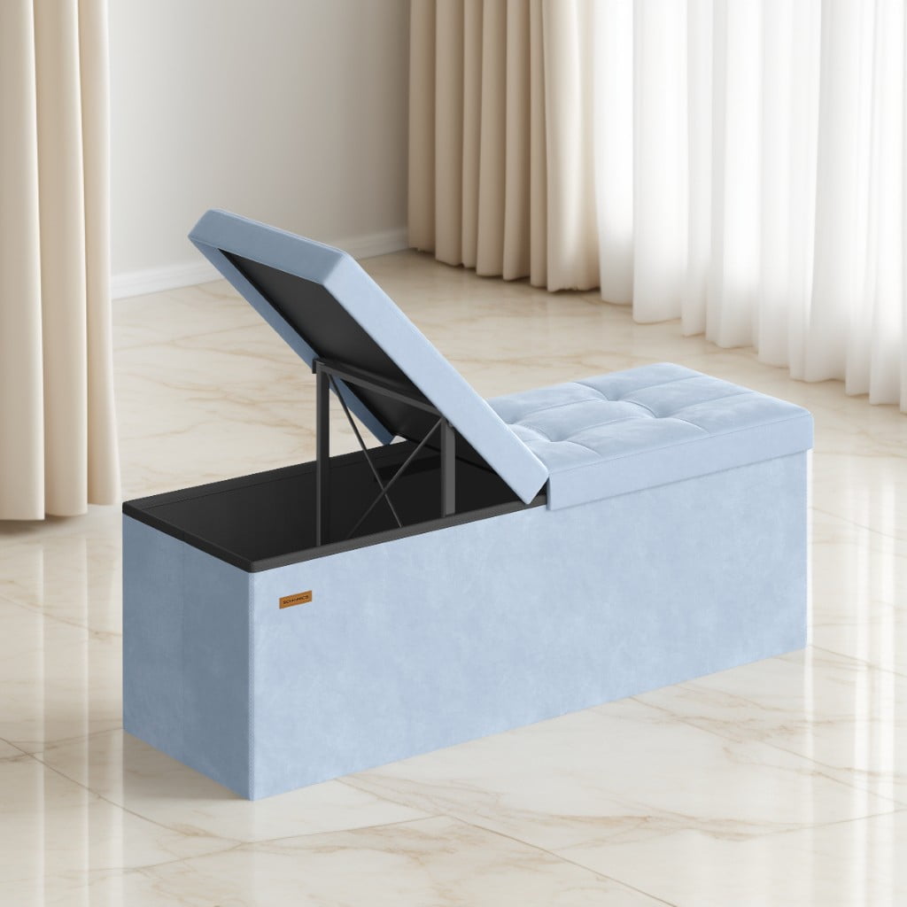 LEDREM 43" Storage Ottoman Bench with Flipping Lid, Foldable MDF Seat with Divider, 660 lb Capacity for Entryway, Living Room, Bedroom, Velvet Footstool, Pale Blue