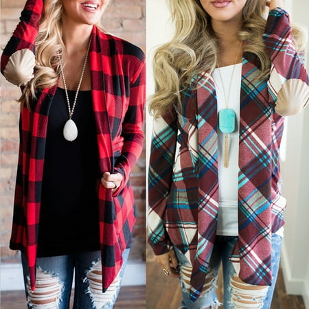 Canis Womens Long Sleeve Flannel Plaid Shirts Cardigan Blouse Ladies Casual Jacket Loose Tops