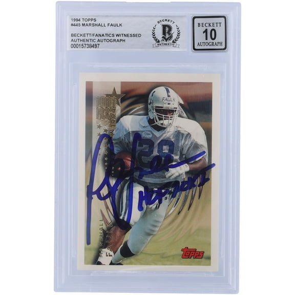 Marshall Faulk Indianapolis Colts Autographed 1994 Topps #445 Beckett Fanatics Witnessed Authenticated 10 Rookie Card with "HOF 20XI" Inscription - Fanatics Authentic Certified
