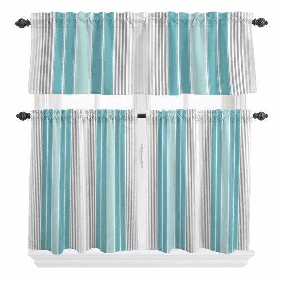 3 Piece Kitchen Curtains and Valances Set Turquoise Aqua Stripes Cafe Curtains 36 Inch Length Modern Minimalist Abstract Lines Valance & Tier Curtain for Living Room Bedroom Window 54"x18" 27"x36"*2