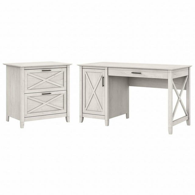 Bush Furniture Key West 54W Computer Desk with Storage and 2 Drawer Lateral File Cabinet in Linen White Oak