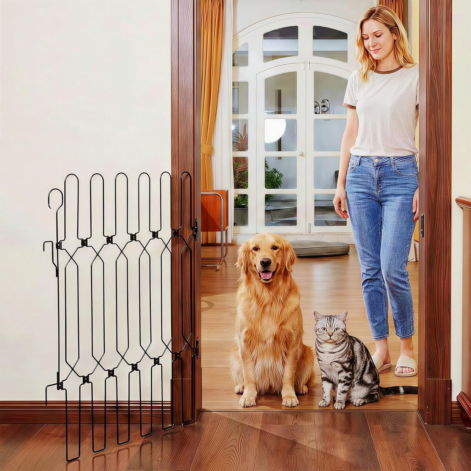 Three Tree Metal Retractable Pet Gate, 36"W x 31"H Vertical Bar Safety Dog Door Barrier, Easy Install for Doorways, RV Home Indoor Use