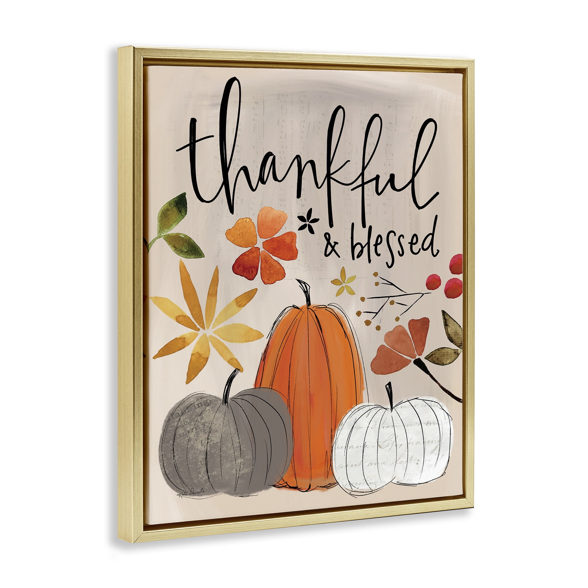 Stupell Industries Thankful & Blessed Pumpkins Botanical & Floral Painting Gold Floater Framed Canvas Art Print Wall Art, 17 x 21