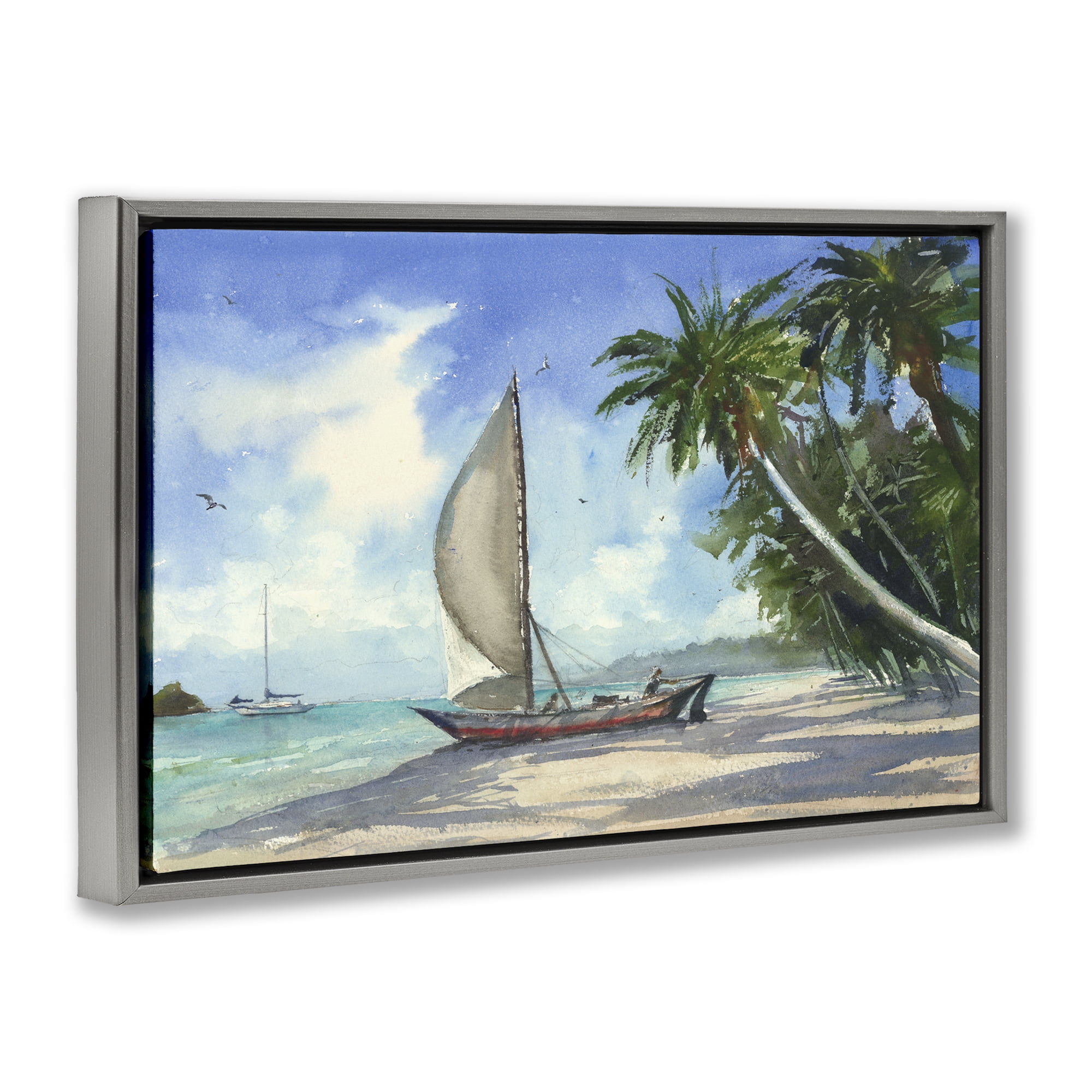 Stupell Industries High & Dry Boat on Shore Nautical & Beach Painting Gray Floater Framed Canvas Art Print Wall Art, 25 x 17