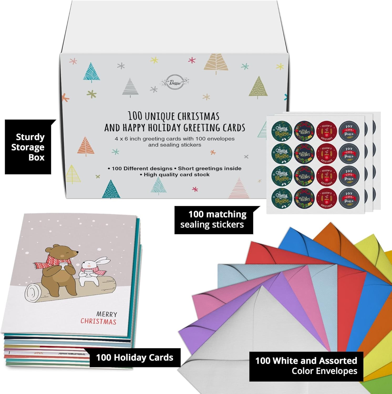 Dessie 100 Unique Modern Christmas Cards with Envelopes and Matching Sealing Stickers. Happy Holiday Cards with Short Greetings Inside. Bulk Christmas Cards Boxed with Envelopes