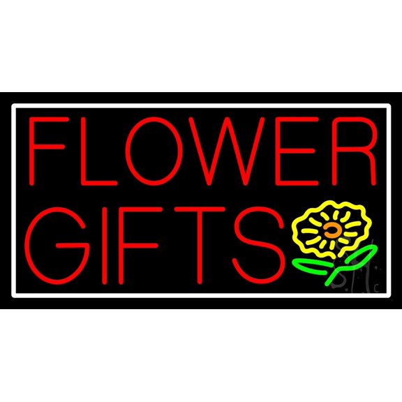 Flower Gifts White Border In Block LED Neon Sign 20" Tall x 37" Wide - inches, Black Square Cut Acrylic Backing, with Dimmer - Premium built indoor Sign for Storefront, Store interior.
