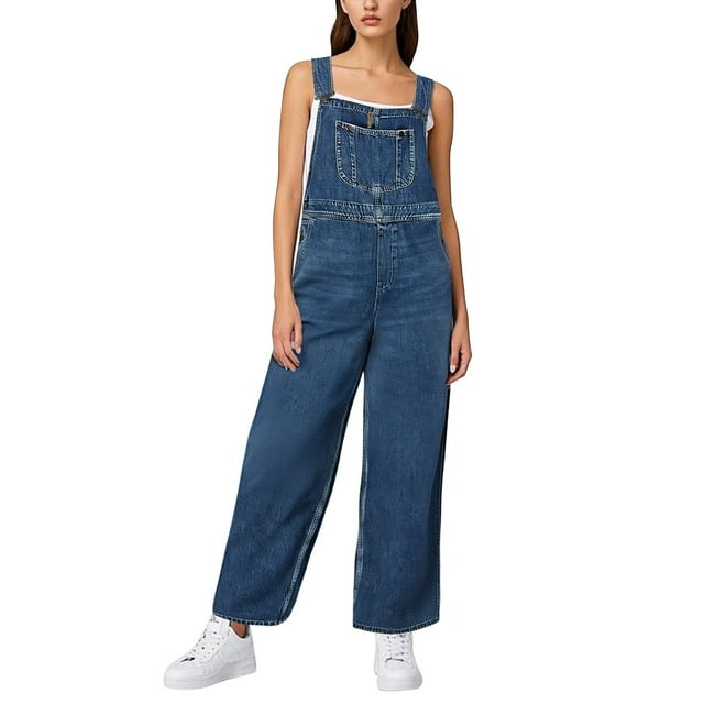 TrendOFT Combinaison Décontractée d'Été pour Femmes Grande Taille Classique en Denim Jambe Droite Bretelles Réglables Combinaisons pour Femmes une Pièce Bleu Foncé TG
