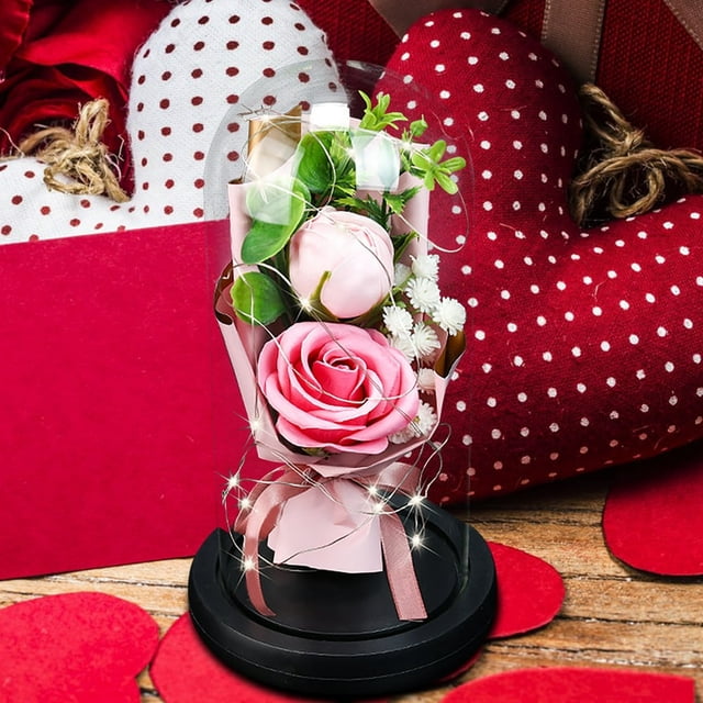 Two Rose Soap Bouquet Glass Cover LED Light Model Imitation Valentine‘s Day Gift Decoration Ornament