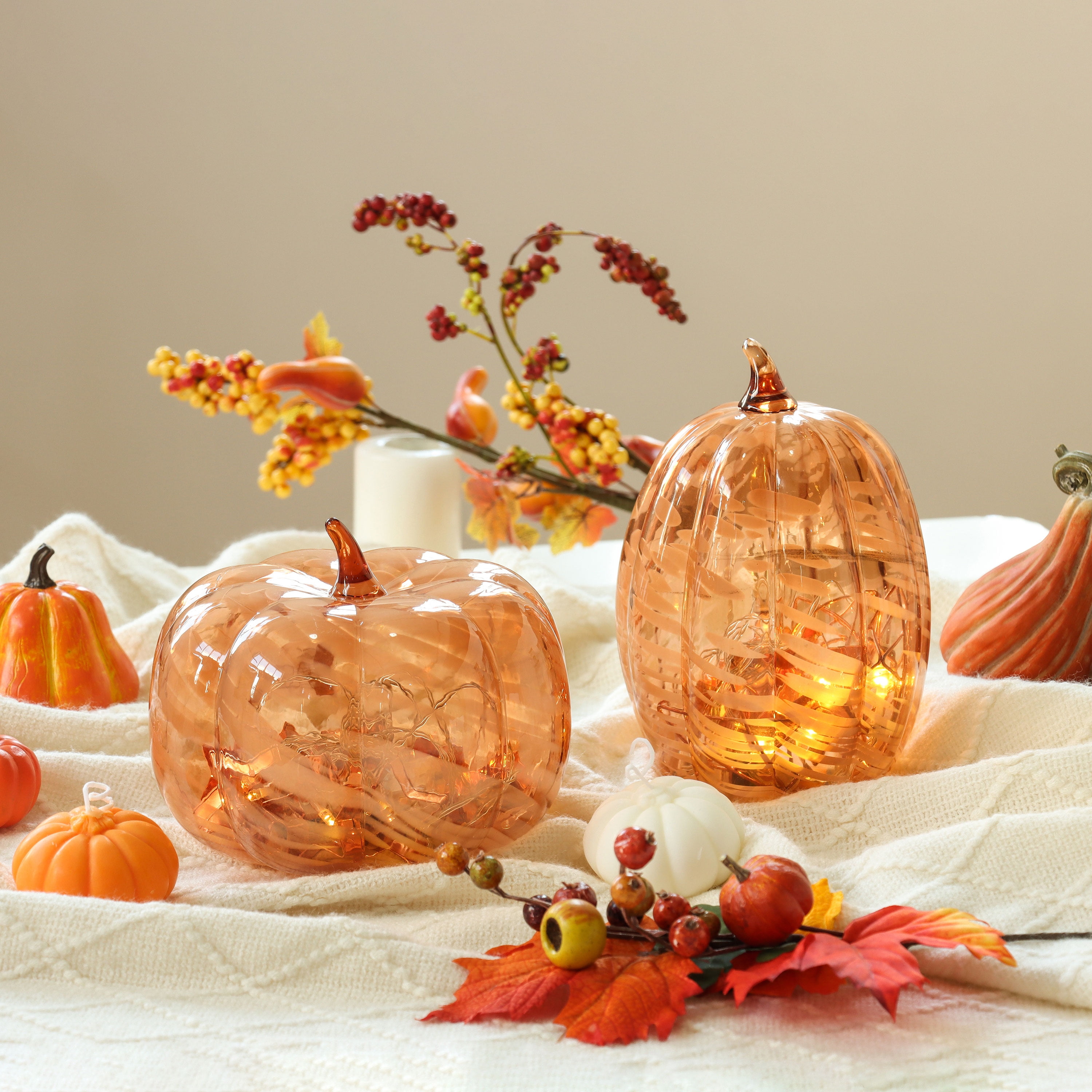 Better Homes & Gardens Fall Decorative Wide Marble Glass Pumpkin Cloche Candle Holder, Orange