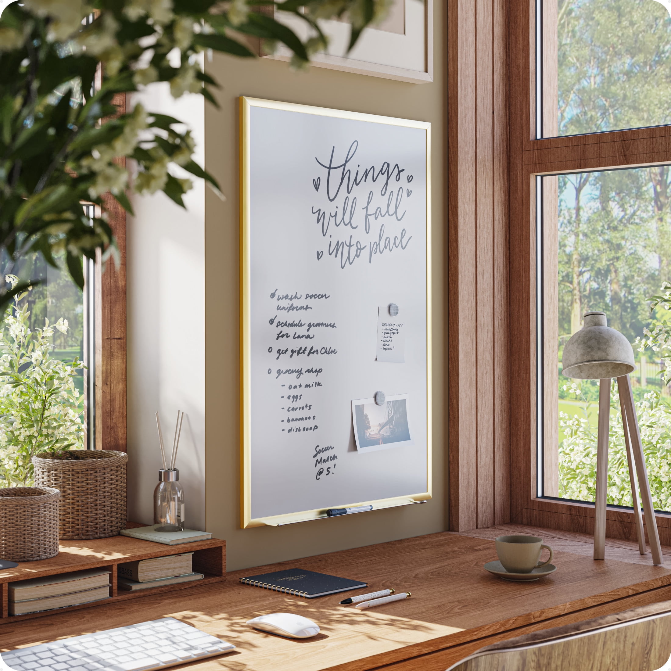 U Brands 35 x 23 in. Magnetic Dry Erase Board, Gold Metal Frame, Includes 2 Magnets, Marker, Tray
