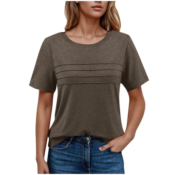 Camisas de Cuello de Tripulación de Manga Corta para las Mujeres Plisado Mangas de Ruffle, Cuello Redondo Casual Primavera Y Blusa de Verano