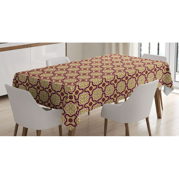 Moroccan Tablecloth, Portuguese Azulejo Style Mosaic Tiles with Traditional Classic Curls, Rectangle Satin Table Cover for Dining Room and Kitchen, 60" X 90", Ginger Purple and Cream, by Ambesonne