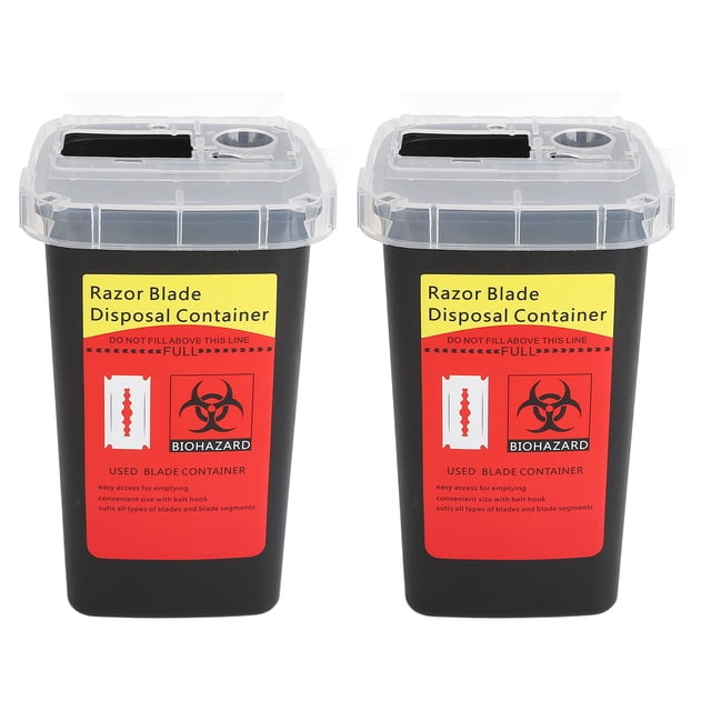 2 cajas para desechar cuchillas, con tapa abatible, para guardar cuchillas de desecho en barberías.