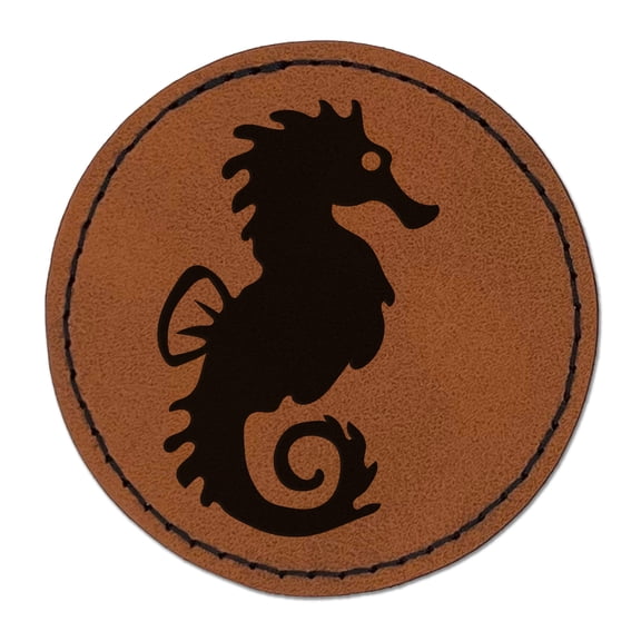 Seahorse Icon 2.5" Faux Leather Round Engraved Iron-On Patch - Brown