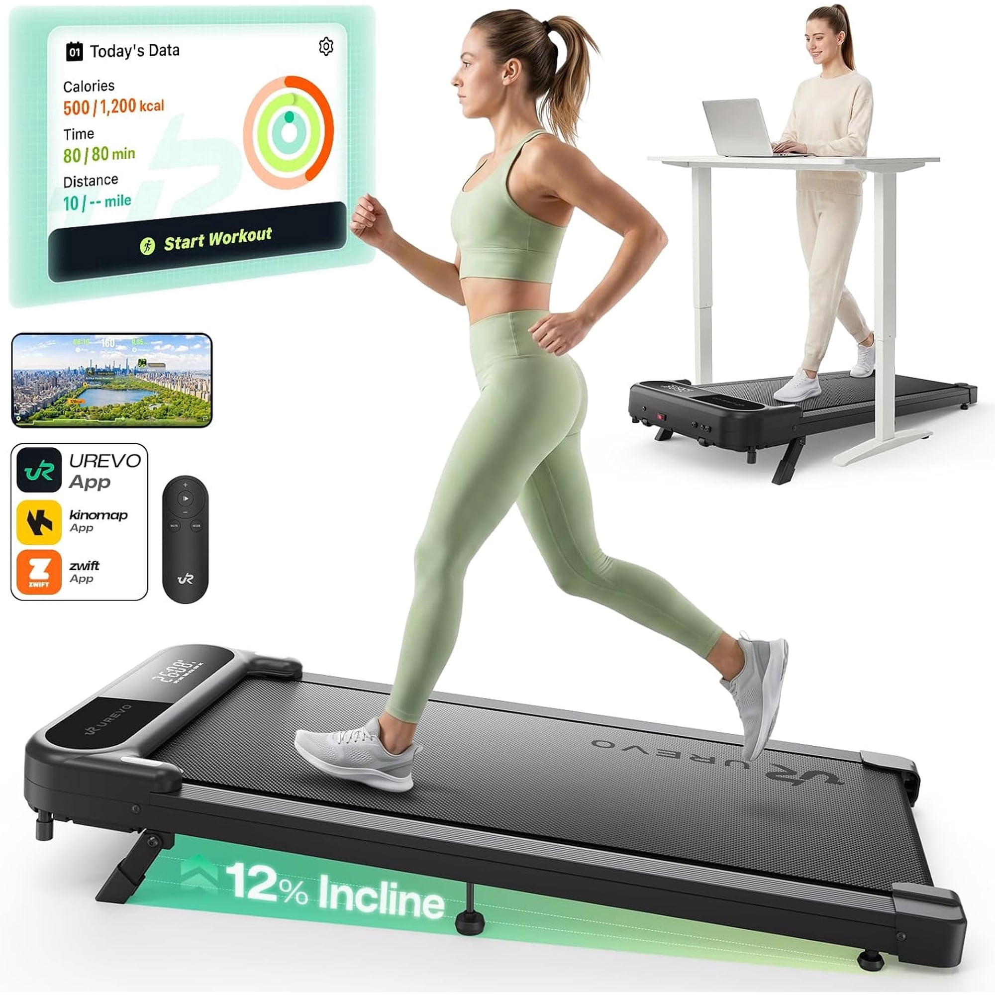 UREVO Smart Walking Pad with 12% Incline, Standing Desk Treadmill with 7-Layer Belt, 300lbs Capacity, Quiet Operation, Workout App with Track Insights, Remote Control for Home Office Exercise