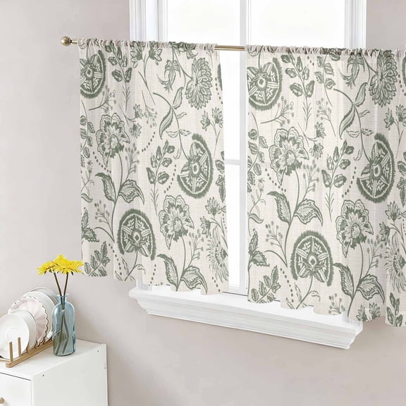 Sheer Curtains 54 Inch Length 2 Panels Set for Kitchen, Retro Spring Floral Semi Sheer Curtains for Windows, Summer Botanical Vintage Farmhouse Voile Window Treatments Rod Pocket Curtain