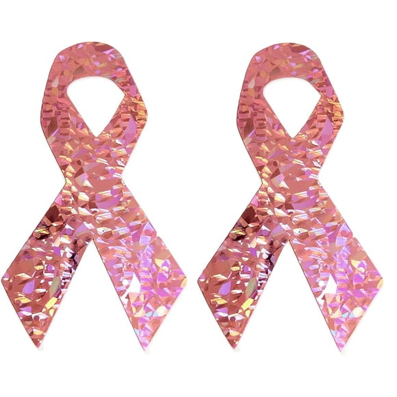 Ruban Rose Sensibilisation au Cancer du Sein Autocollants Holographiques Pailletés en Vinyle pour Ordinateur Portable Réfrigérateur Livre 3"x5", Lot de 2