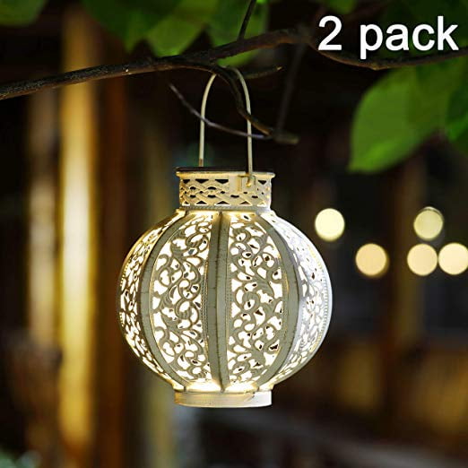 2 Pack Hanging Solar Lanterns Retro Solar Lights with Handle Outdoor Brown 