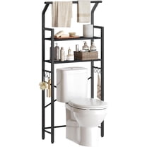 Over The Toilet Storage, 2-Tier Bathroom Organizer Shelves with Hooks, Multifunctional Vertical The Toilet Shelf Storage Rack for Bathroom, Black