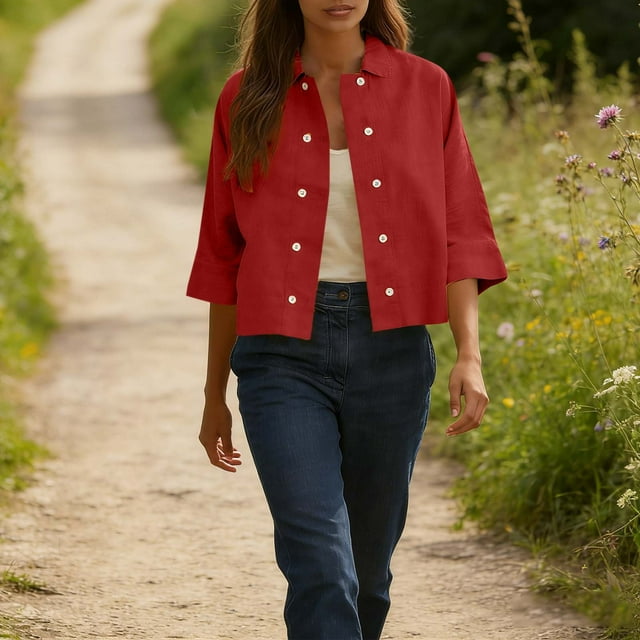 TaTaai Women's Mid Length Cardigan, Solid Color Short Sleeve Top with Double Buttons, Spring Summer Layering Shirt Gift