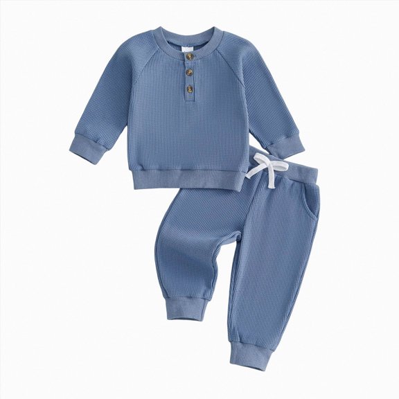 Gubotare Fall Toddler Baby Boy Outfit Polo Long Sleeve Sweatshirt Pullover Top Pants Solid Waffle Knit Clothes 2PCS Set Blue,Size 12-18 Months
