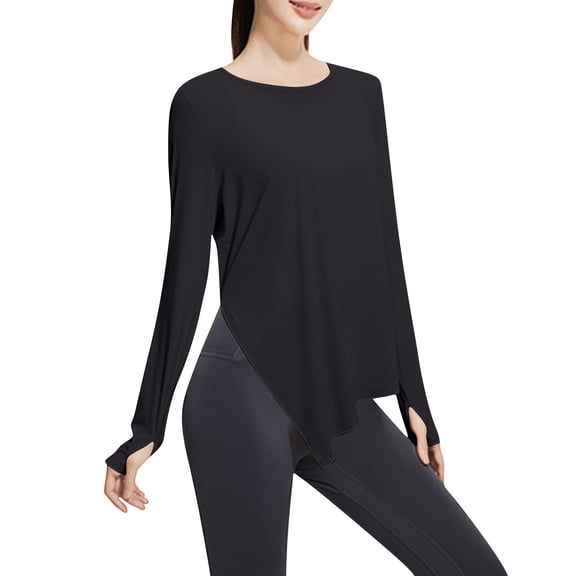 MOJOGO Women's Yoga T-Shirt Irregular Hem Long Sleeve Tops High Stretch Athletic Tops with Thumb Hole Breathble Pilates Gym Activewear Black 2XL