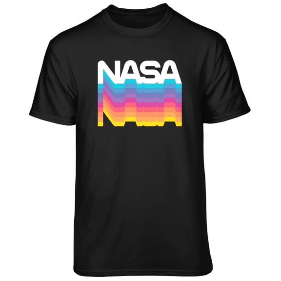 Teelocity Men's NASA Logo Rainbow Color Repeat Black Relaxed Fit Short Sleeve Graphic T-Shirt