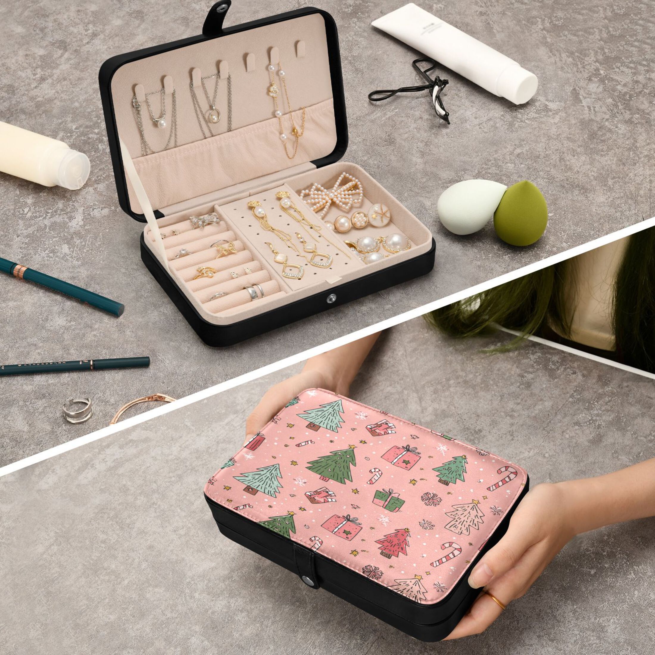 Leather Jewelry Box Rectangular 8.27x5.5x1.78In Travel Jewelry Storage Earrings Necklace Bracelet Watch Brooch Storage Seamless Christmas Gifts