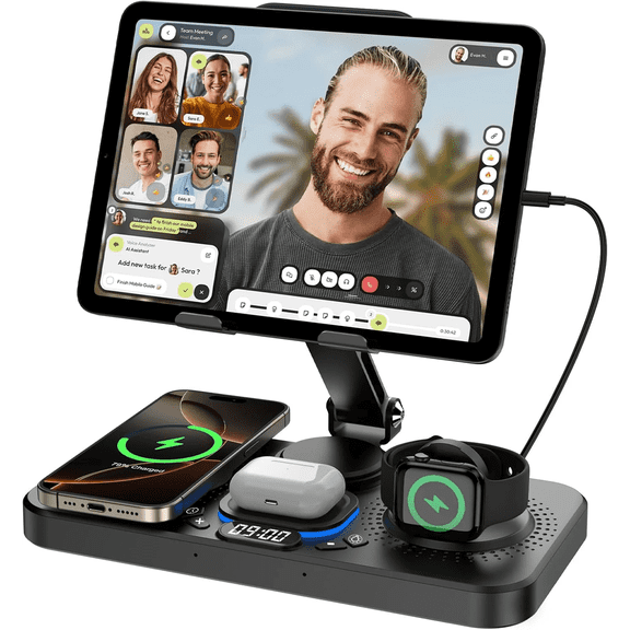 6-in-1 Foldable Wireless Charging Station for Apple Devices – 30W Fast Charger Stand for iPad, iPhone 16/15/14, Apple Watch, and AirPods – Features Digital Clock & 7-Color Ambient Night Light(black)