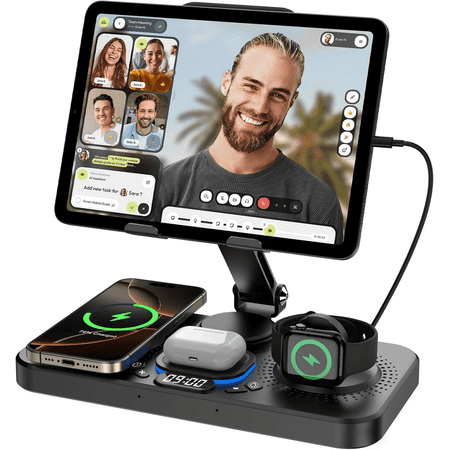 6-in-1 Foldable Wireless Charging Station for Apple Devices – 30W Fast Charger Stand for iPad, iPhone 16/15/14, Apple Watch, and AirPods – Features Digital Clock & 7-Color Ambient Night Light(black)