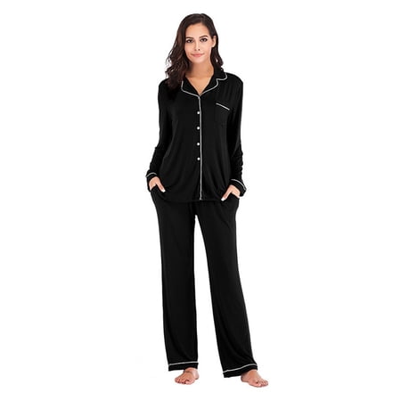 YTDSCS Pajamas Set for Womens 2 Piece Solid Color Pjs Loungewear Long Sleeve Sleepwear Soft Button down Jammies and Pants with Pockets Fall Winter Outfit S-XXL