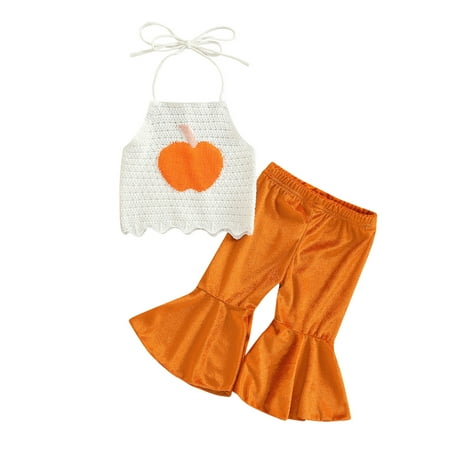

goowrom Little Girls Halloween Outfit Letter Print T-Shirt Top Floral Bell Bottom Pants
