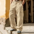 thumbnail image 2 of Mens Baggy Cargo Pants Cotton Linen Button Closure Loosepants Casual Outdoors Work Khaki L, 2 of 8