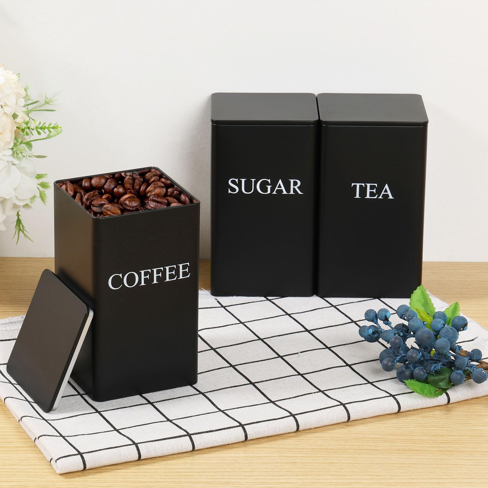 3 Pcs Coffee Tea Sugar Container Set, 1000 ml Metal Vintage Kitchen Canister Set with Airtight Lids, Food Storage Container Jars for Kitchen Counter, Farmhouse Home Tabletop Decor(Black,3.3x3.3x5.9")