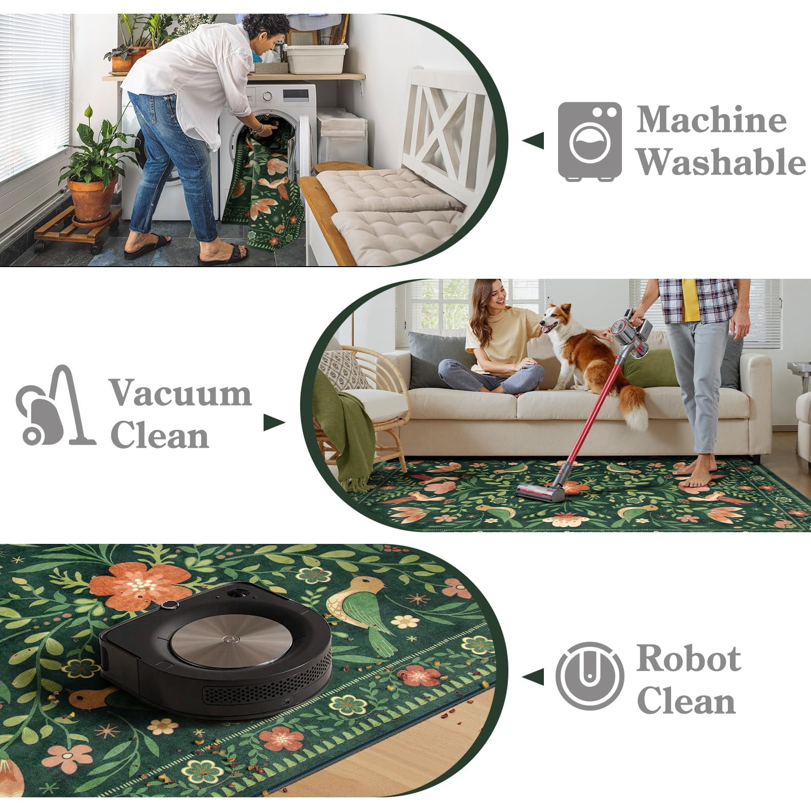 Lahome Decor 6'x9' Boho Bird Area Rugs,Floral Rug for Living Room Machine Washable,Soft Indoor Carpet,Non-Slip Low Pile for Bedroom Dining Room Playroom Office,Green
