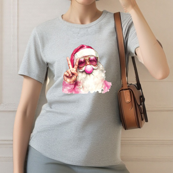Women's Gray Tshirt Graphic Tees Shirts Santa Peace Sign Bubble Gum Sunglasses Design Casual Tops S-3XL