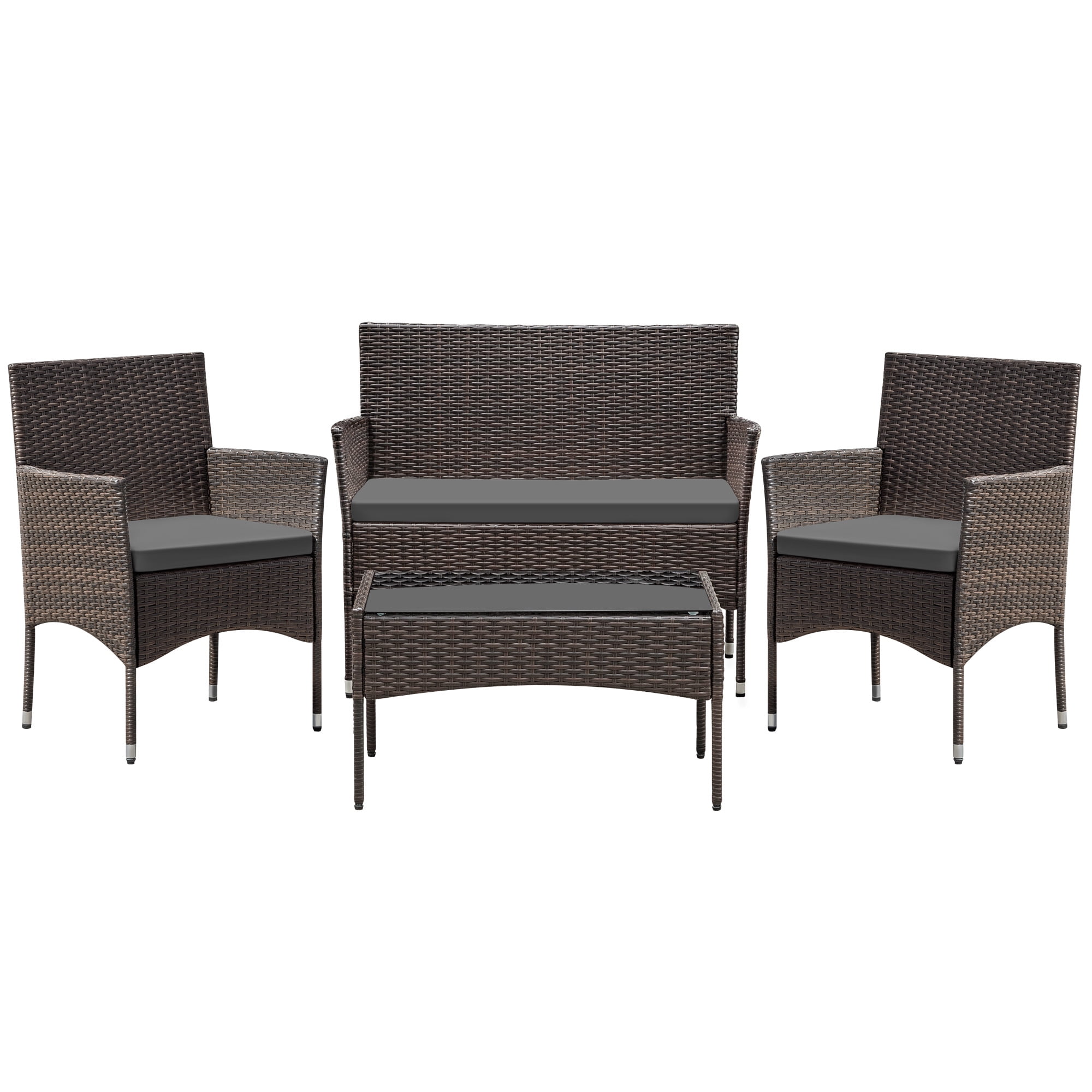 Vineego 4 4PCS Patio Furniture Set Outdoor Conversation Rattan Chairs with Cushion and Loveseat Glass Table for Garden Backyard Porch, Brown/ Gray
