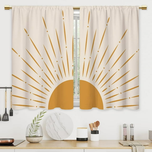 Boho Minimalist Yellow Sun Kitchen Curtains Modern Neutral Bathroom Curtains Window Treatment Drapes Tier Bohemian Abstract Cafe Small Bedroom Short French Door Curtains 2 Panels 28x40 Inch