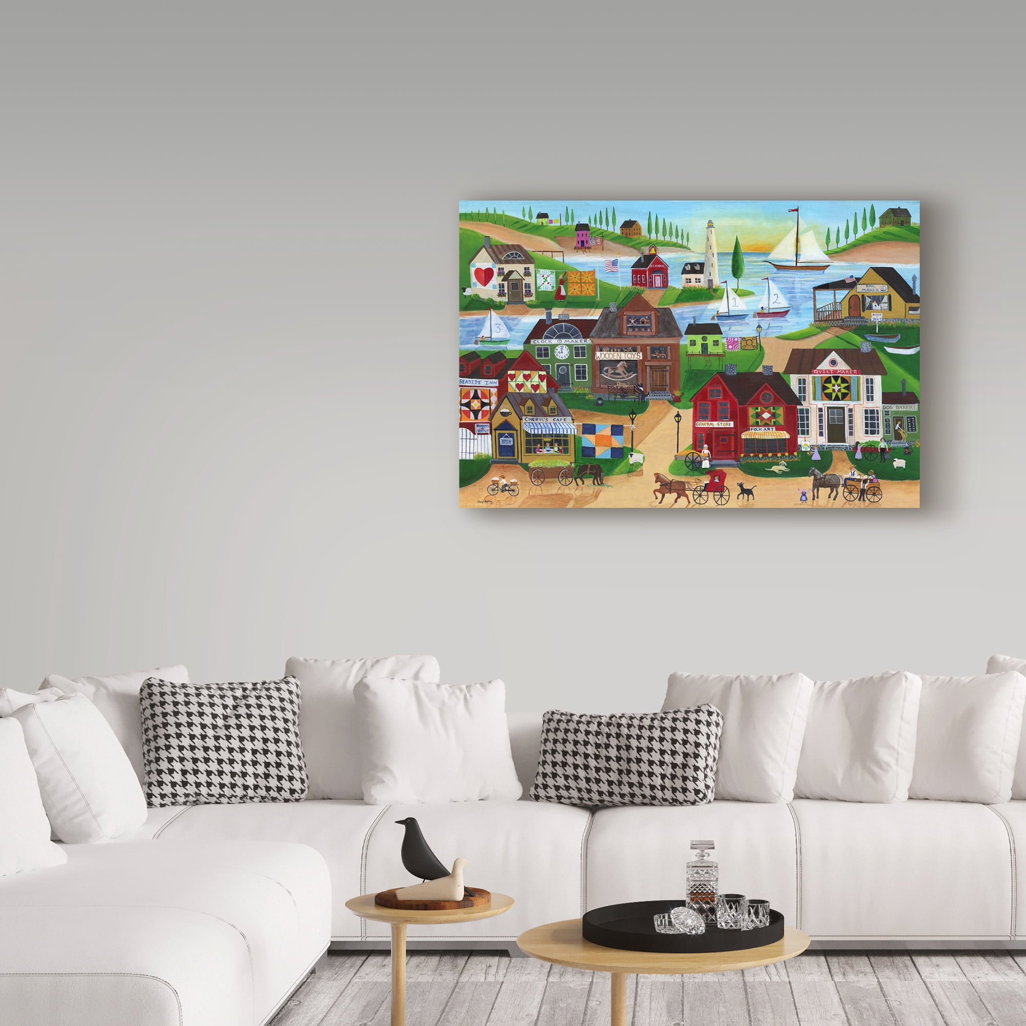 Trademark Fine Art 'Seaside Village With Wooden Toy Maker Sail Boats' Canvas Art by Cheryl Bartley