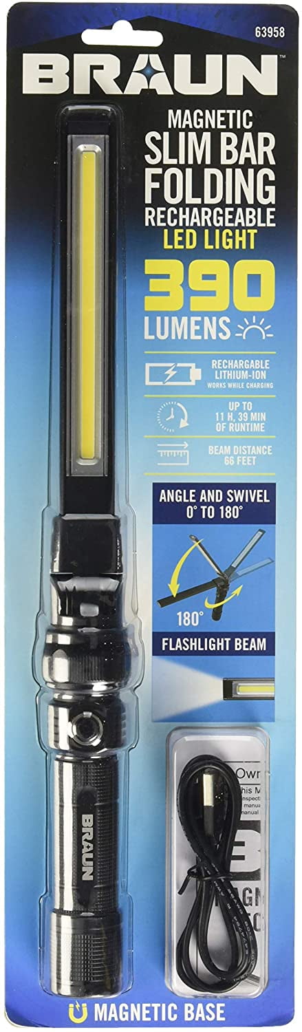 New Braun Magnetic Slim Bar Folding Rechargeable LED Work Flash Light 390 Lumens 