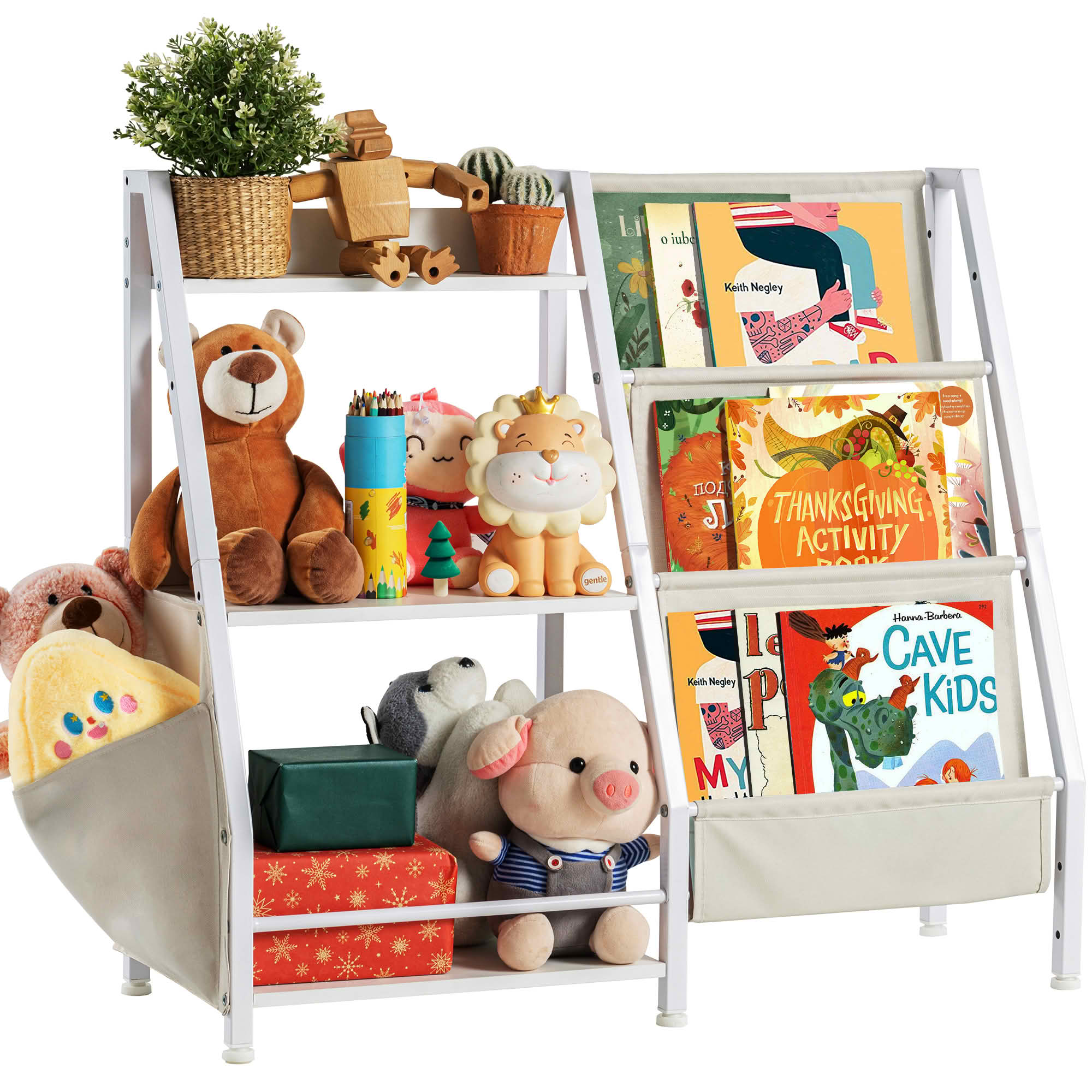 MAYEERTY White Metal 3-Tier Kids Bookshelf, 3 Sling Pockets + Side Pockets for Bedroom Study Room
