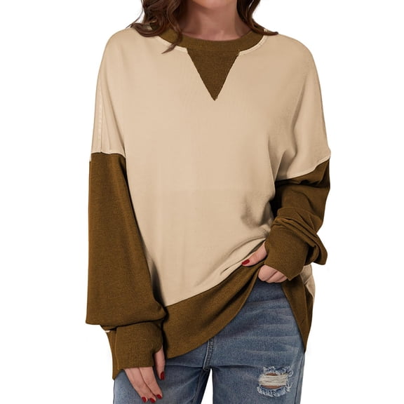 Colorblock Cotton Sweatshirts Long Sleeve Tops Womens Fall Winter Spring Casual Oversized Crew Neck Pullover (2XL, Brown)